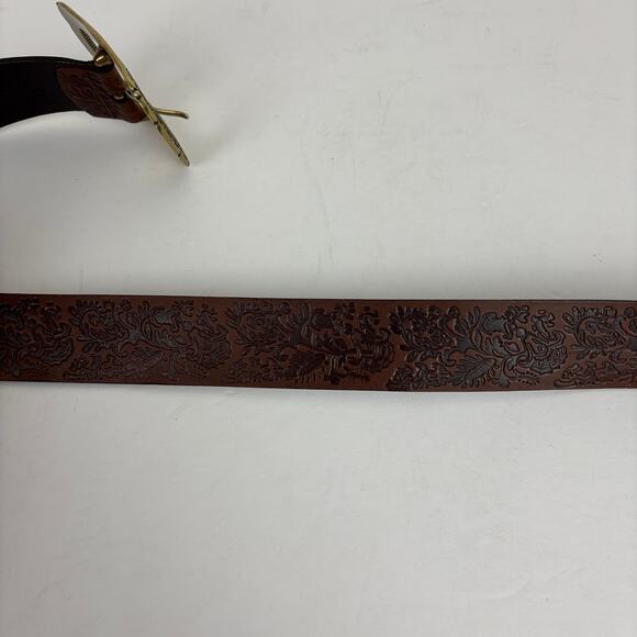 Hand Tooled Brown Leather Belt Brass Buckle Boho Western Country 30.25\